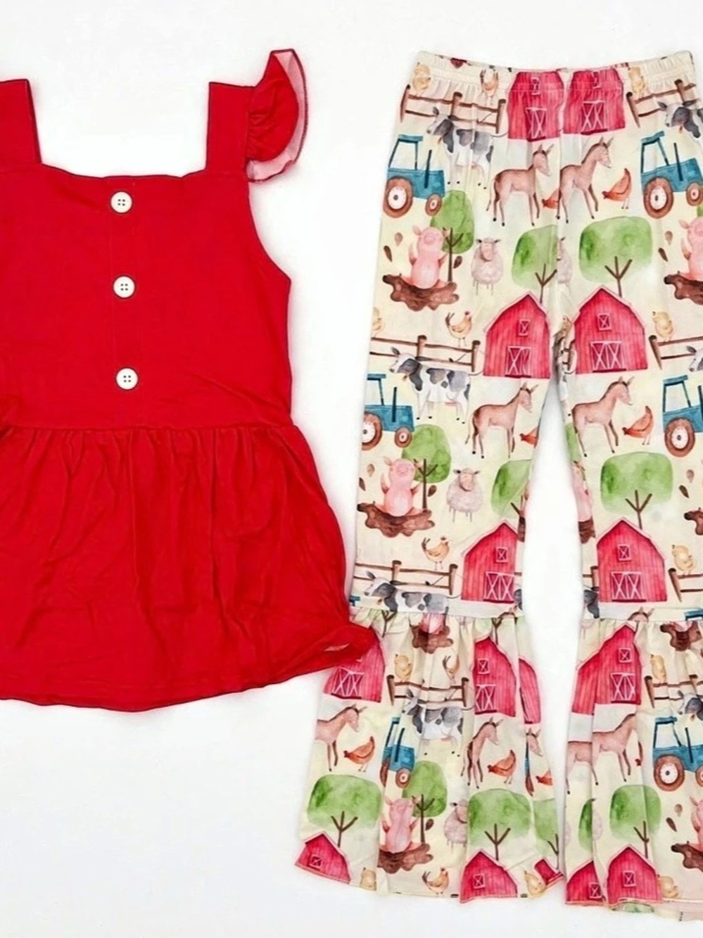 Boutique Farm Life Girls Short Sleeve Bell Bottoms Outfit Set Farm Print